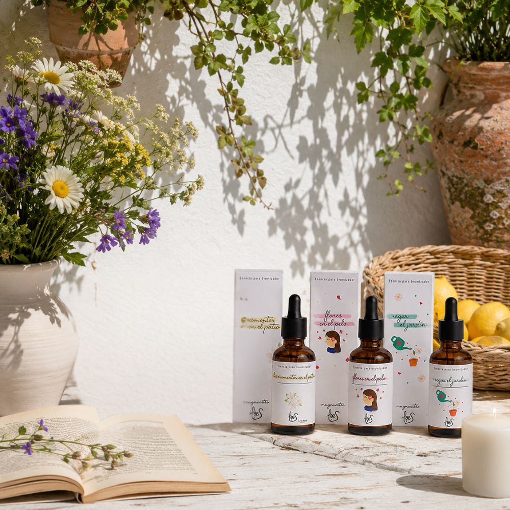 Pack tres esencias florales LoeS con cajas y frascos junto a margaritas silvestres, cesta de limones y libro abierto en patio mediterráneo – D'Arome