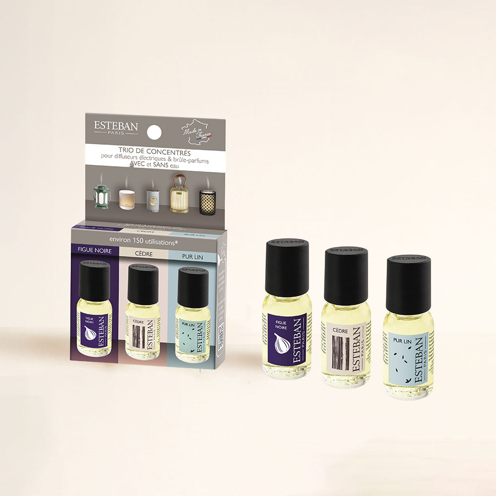 Pack trío de concentrados Figue Noire, Cèdre y Pur Lin Esteban Paris para difusores eléctricos y quemaperfumes – D'Arome