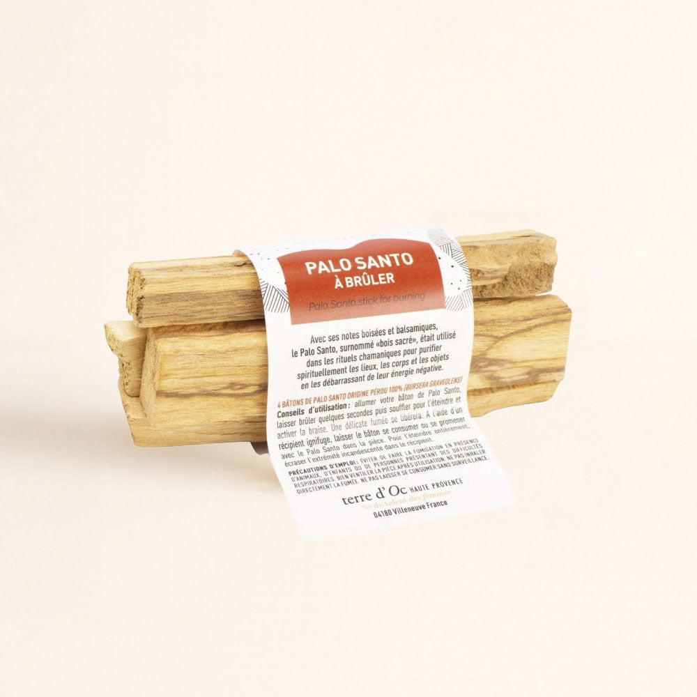Pack de 4 bastones de Palo Santo de Perú para quemar Terre d'Oc con etiqueta informativa – D'Arome