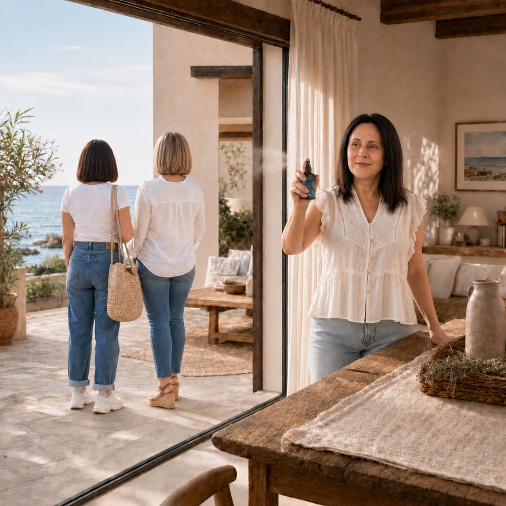Paqui, cofundadora de D'Arome y una de las hermanas Darome, perfuma el salón con el perfume para hogar Alma Salada de LoeS mientras sus hermanas Mari Carmen y Ana Belén disfrutan de la terraza con vistas al Mediterráneo – D'Arome
