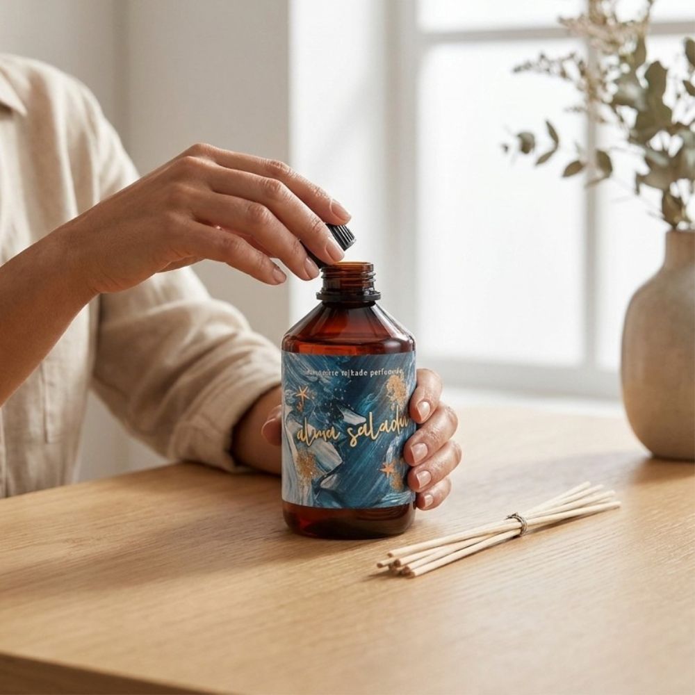 Detalle de unas manos abriendo el tapón del recambio para ambientador mikado perfumado Alma Salada de LoeS de 250 ml junto a las varillas de fibra listas para usar – D'Arome