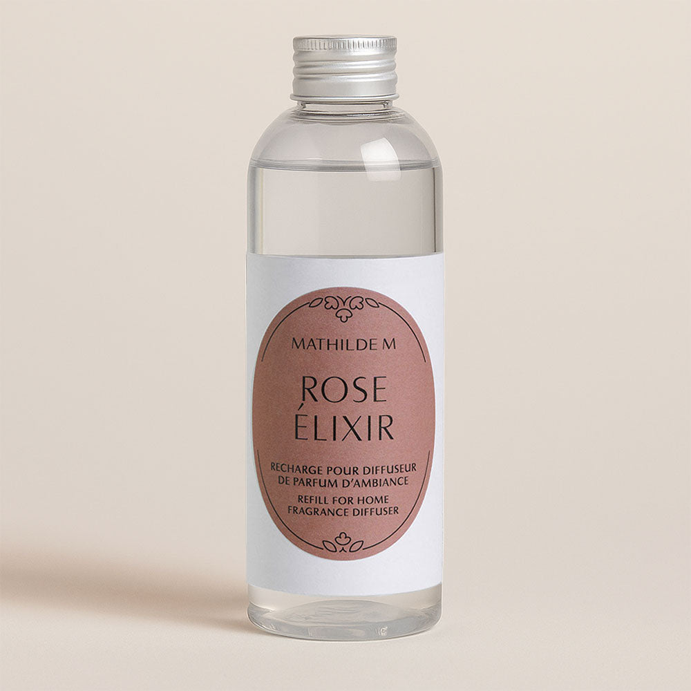 Recambio mikado Rose Élixir 200ml: rosa, violeta y almizcles blancos, un aroma elegante y duradero. Renueva tu mikado y perfuma así de fácil.