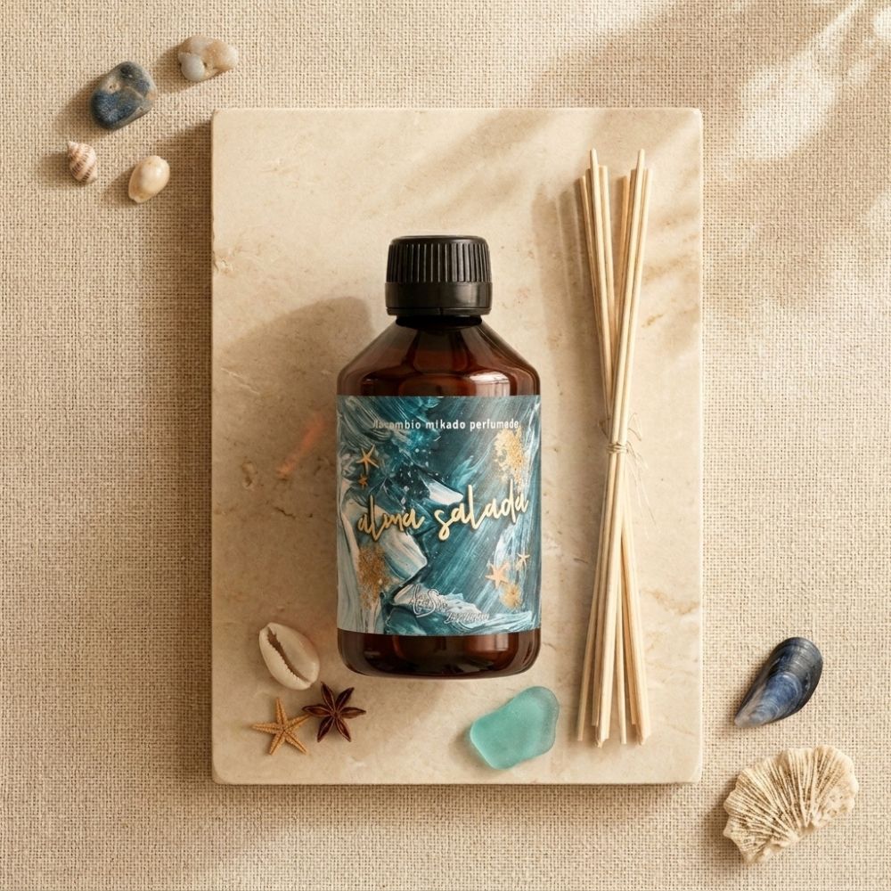 Recambio para mikado perfumado Alma Salada de LoeS de 250 ml en plano cenital sobre piedra con conchas, cristal de mar y varillas de fibra – D'Arome