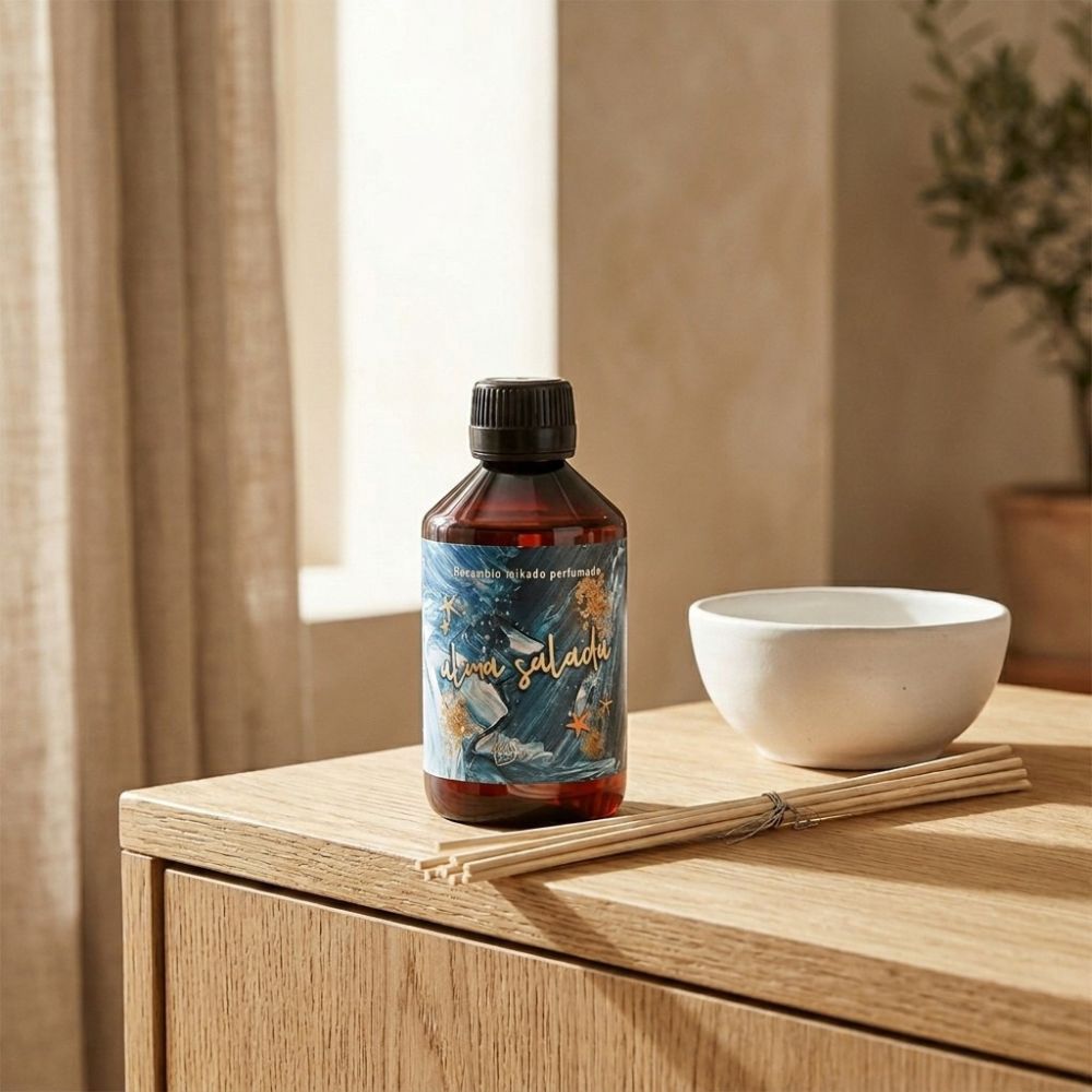 Recambio para mikado perfumado Alma Salada de LoeS de 250 ml sobre un mueble de madera natural con cuenco de cerámica y varillas de fibra – D'Arome