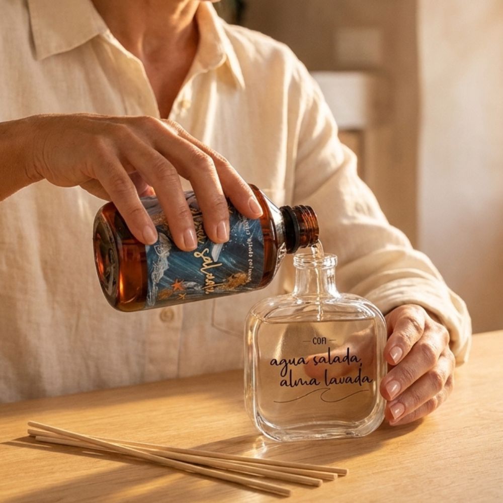Rellenando el envase mikado de cristal "agua salada, alma lavada" con el recambio para mikado perfumado Alma Salada de LoeS de 250 ml – D'Arome