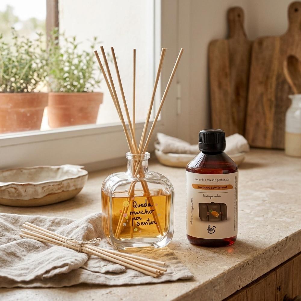 Mikado perfumado Nuevos Comienzos LoeS limón y azahar relleno con recambio 250ml en encimera de cocina rústica con plantas y luz natural – D'Arome