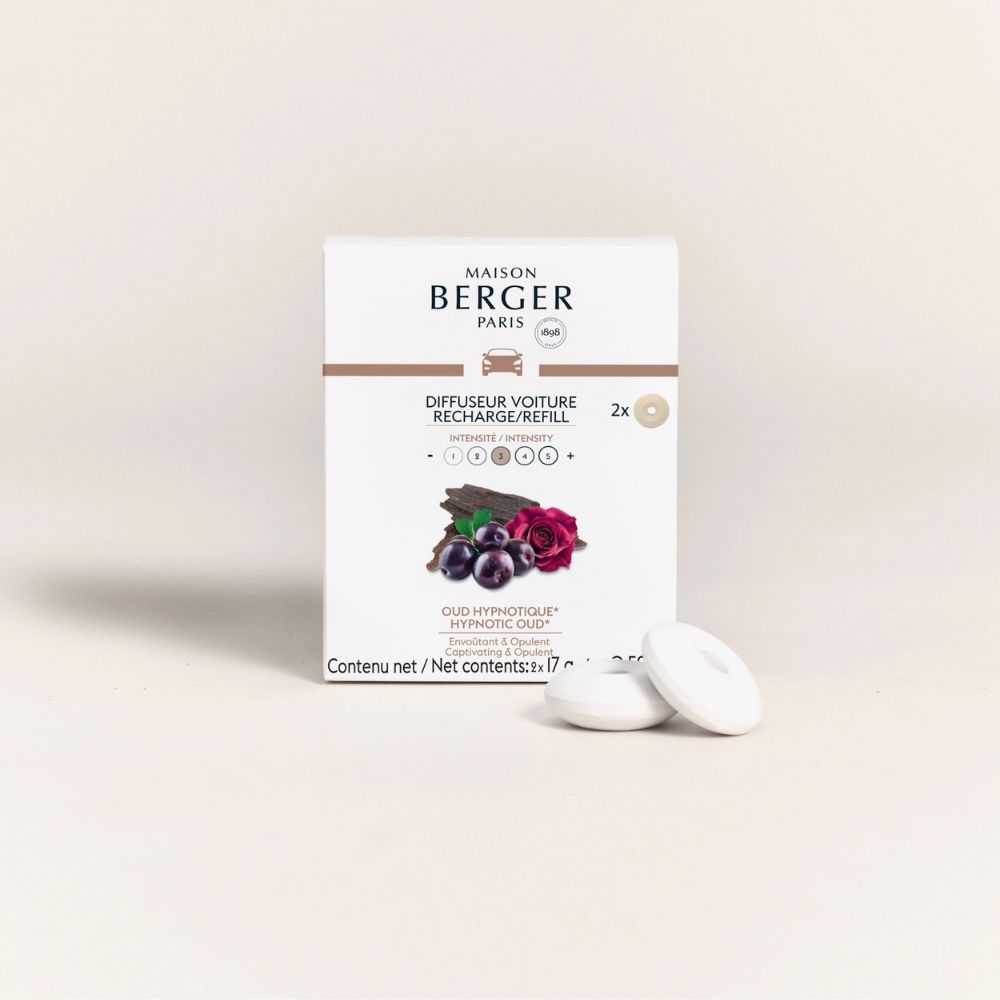 Recarga ambientador de coche Oud Hypnotique Maison Berger pack de 2 pastillas cerámicas aroma oud rosa y ciruela para difusor de coche – D'Arome