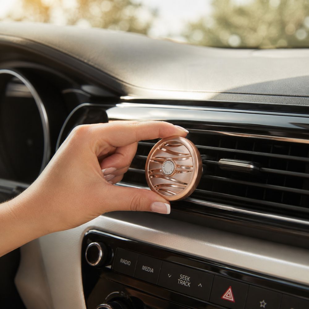 Mano de mujer insertando el difusor Maison Berger de oro rosa en la rejilla de ventilación negra de un coche.