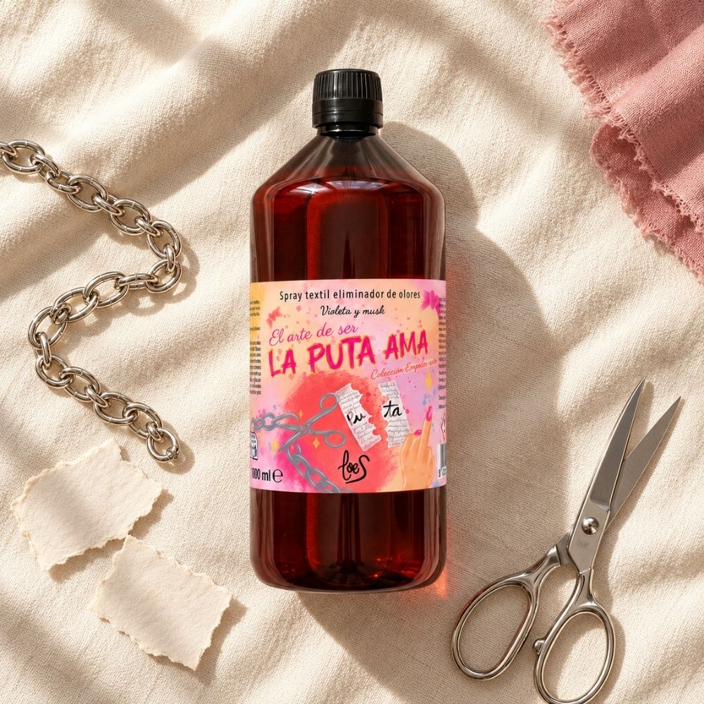 Recarga eliminador de olores para tejidos La Puta Ama de LoeS, 1000 ml, vista desde arriba sobre lino con una cadena rota, tijeras y papel recortado – D’Arome