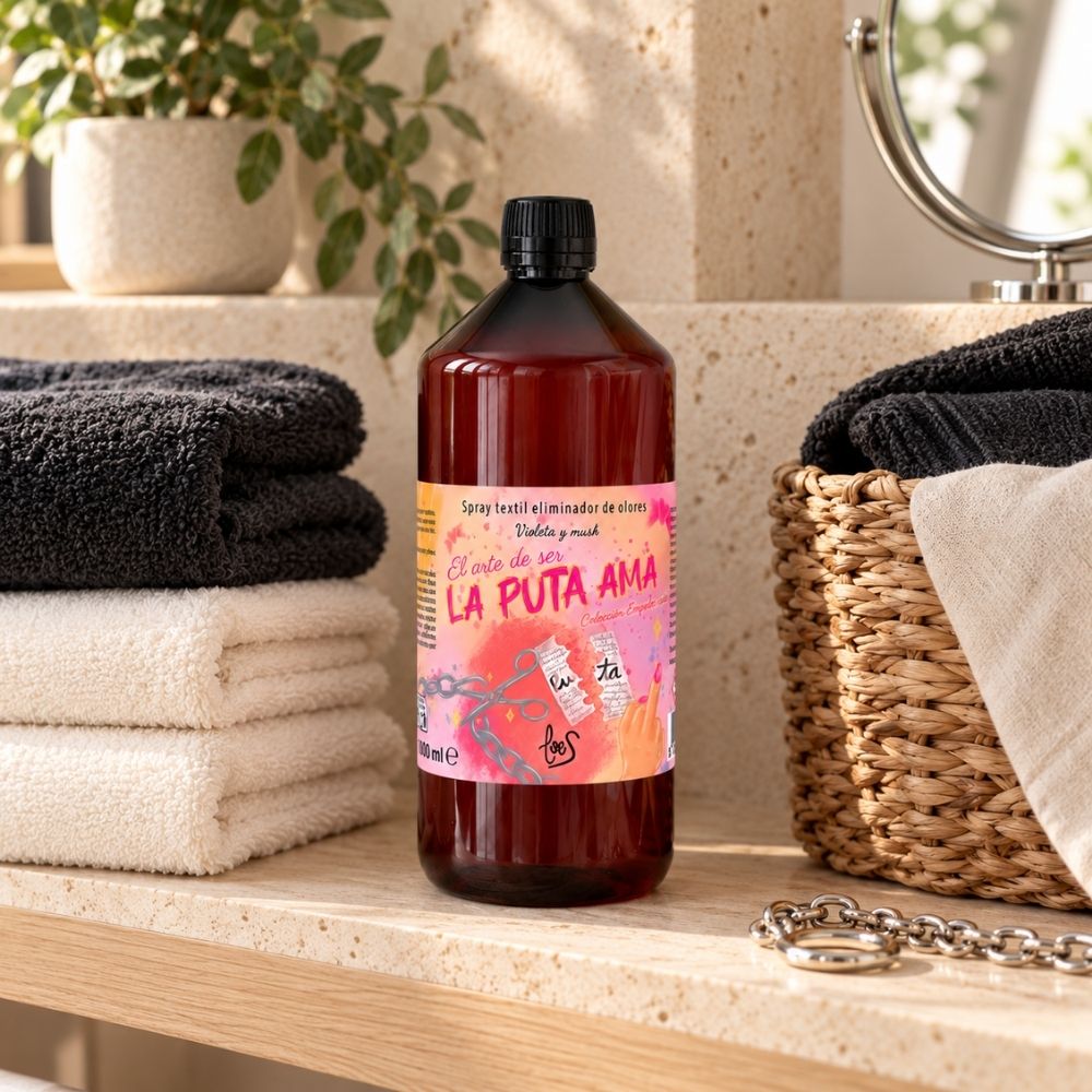 Recarga de spray textil La Puta Ama de LoeS de 1 litro en la estantería del baño junto a toallas dobladas y una cesta de mimbre – D’Arome