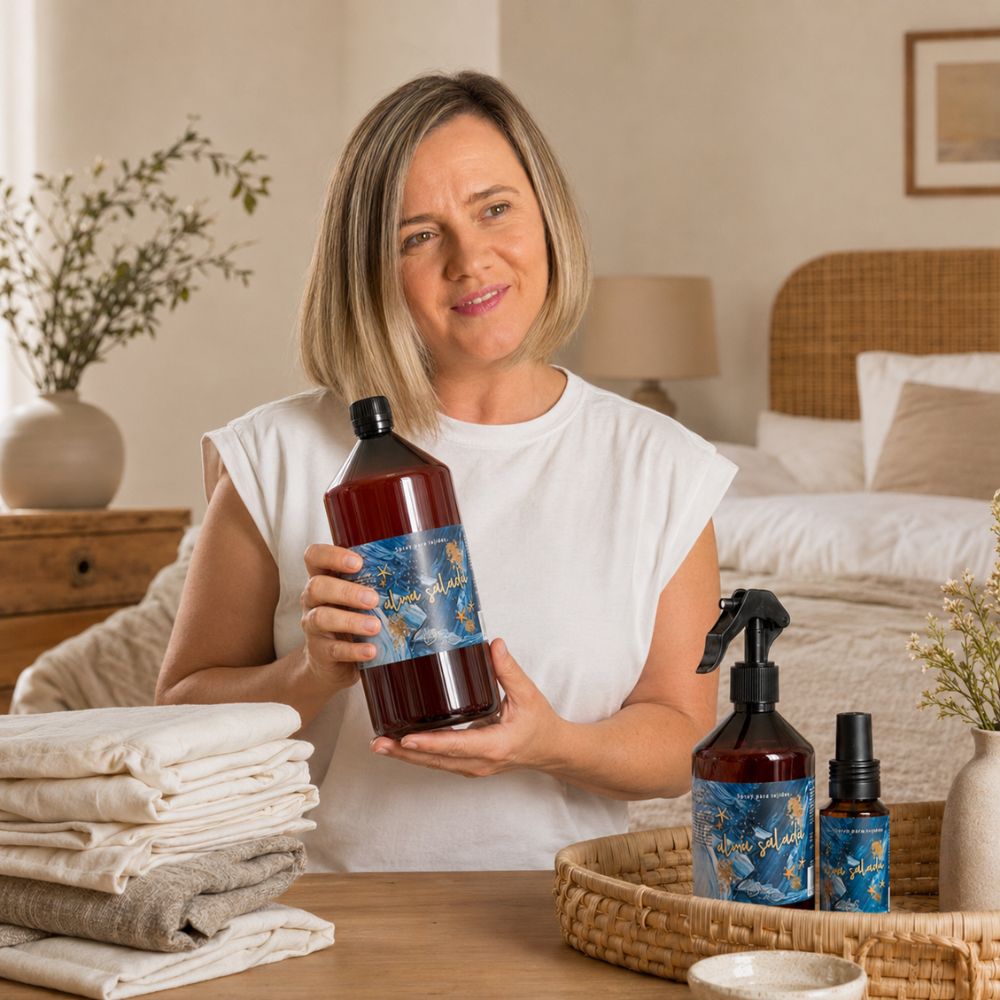 Ana Belén, cofundadora de D'Arome y una de las hermanas Darome, sostiene la recarga de 1 litro del spray textil Alma Salada de LoeS junto al formato de 500 ml y el mini de 50 ml – D'Arome