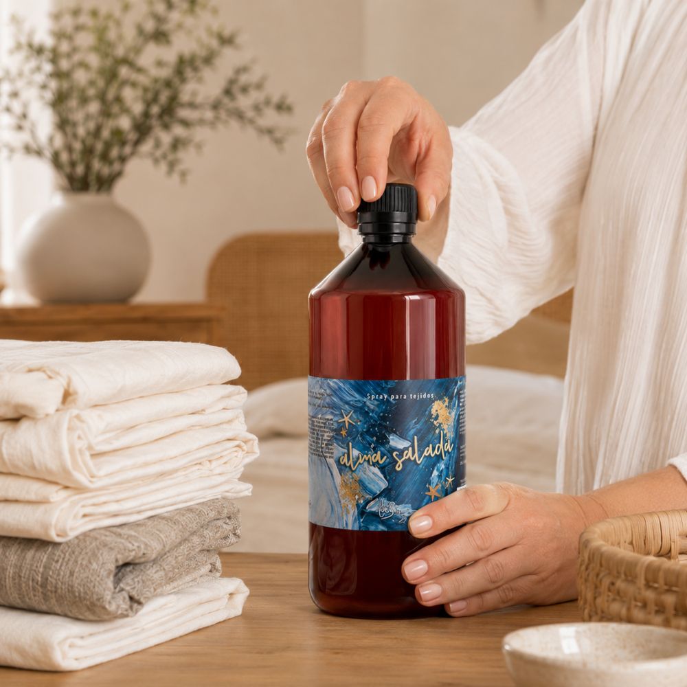 Detalle del tapón de la recarga de 1 litro del spray textil Alma Salada de LoeS junto a una pila de sábanas y toallas de algodón dobladas – D'Arome