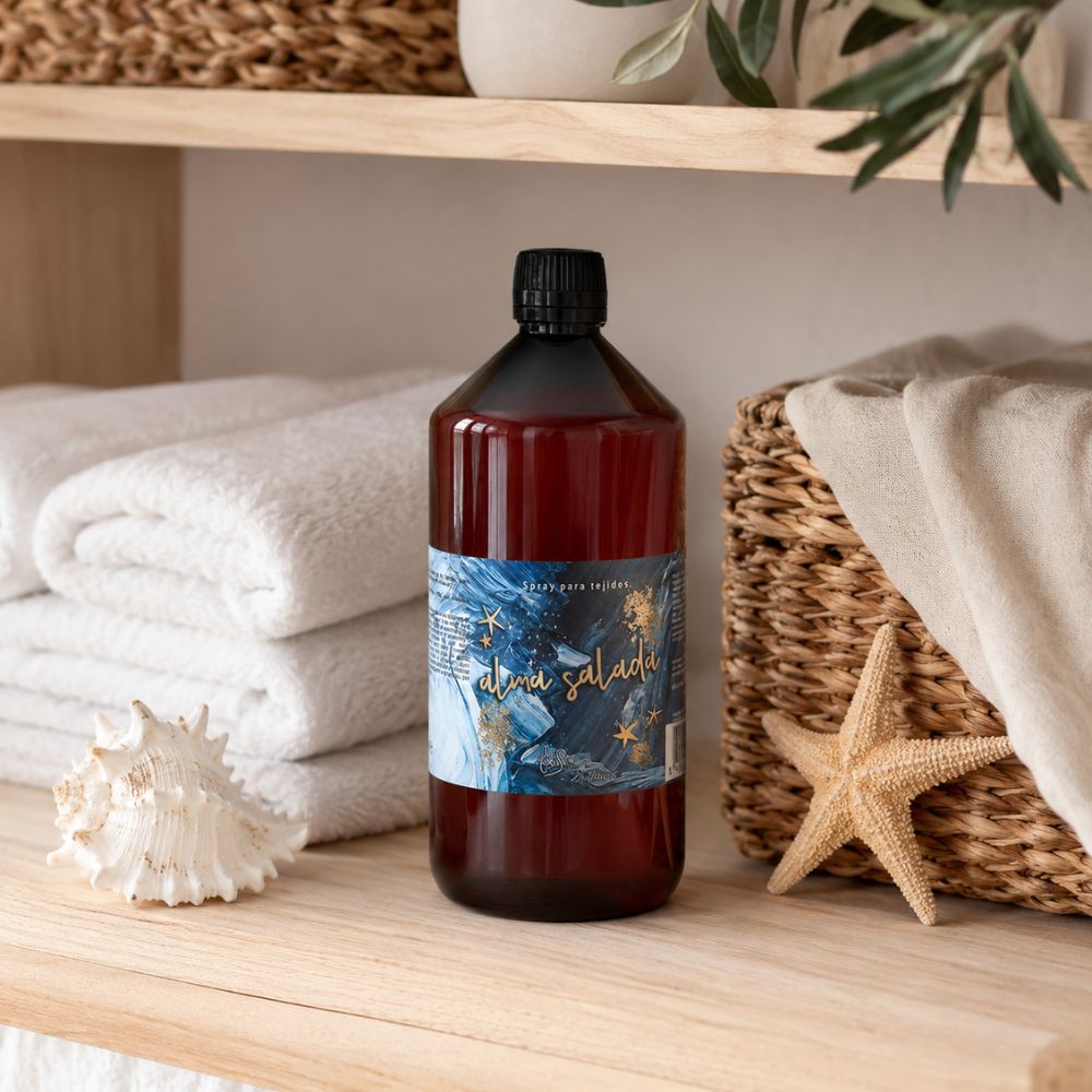 Recarga de 1 litro del spray textil Alma Salada de LoeS en una estantería de madera con toallas blancas dobladas, cesto de mimbre y estrella de mar – D'Arome