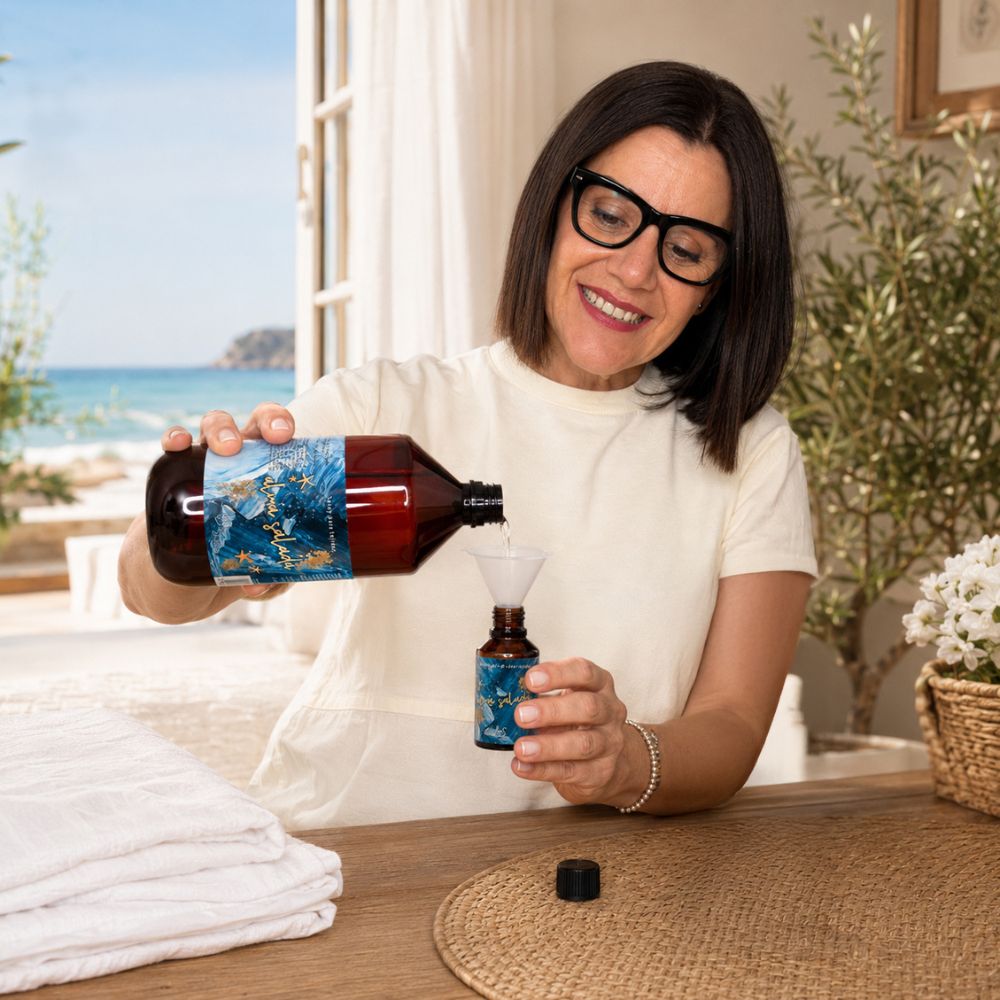 Mari Carmen, CEO y experta en aromas de D'Arome, rellena el mini spray textil Alma Salada de LoeS de 50 ml con la recarga de 1 litro y un embudo – D'Arome