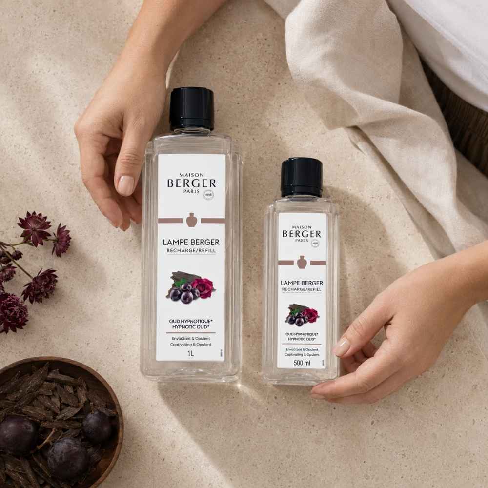 Comparativa de tamaños de la recarga Oud Hipnótico Maison Berger en formato 500 ml y 1 litro – D'Arome