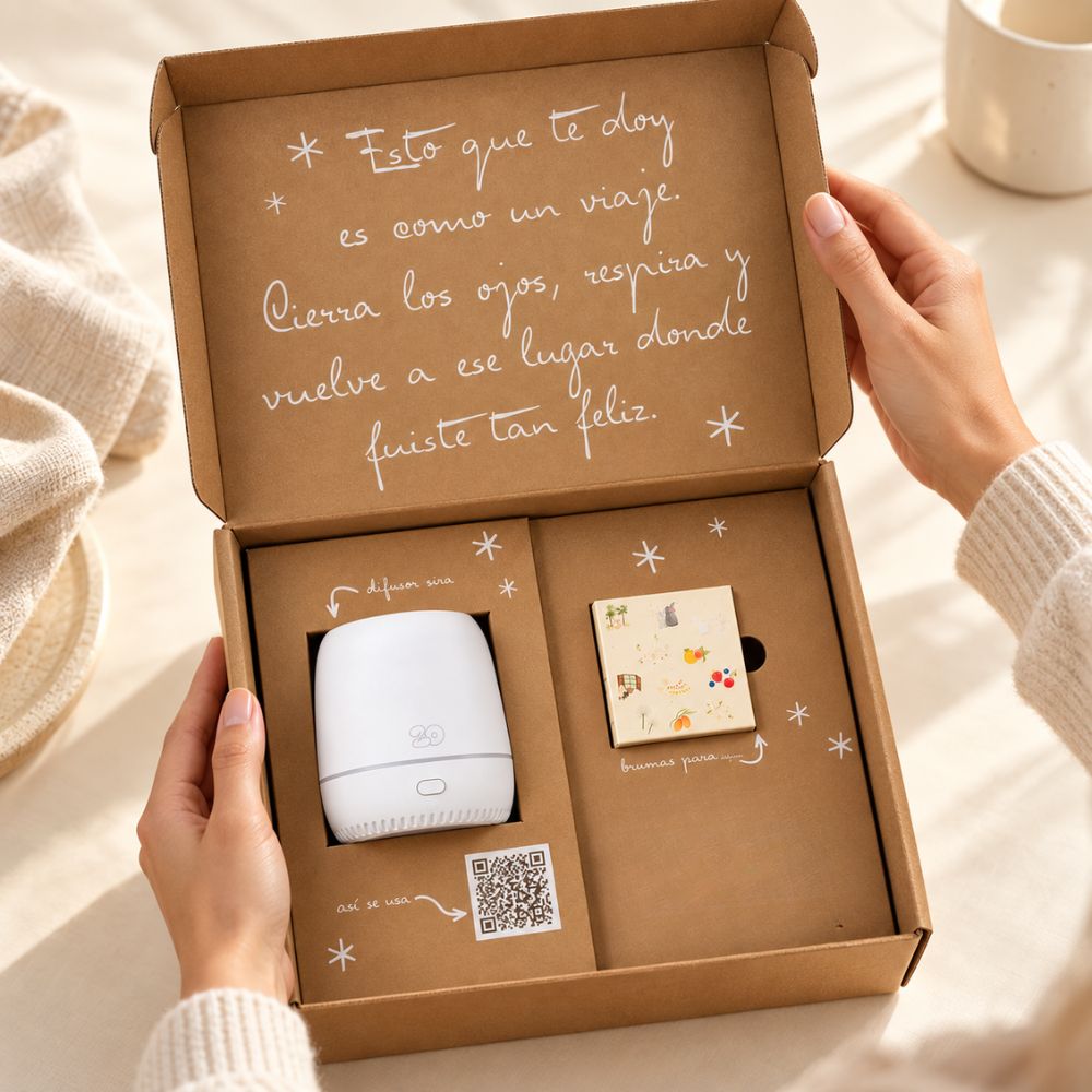 Manos abriendo el cofre regalo de Navidad 'Esta Navidad es tuya' con difusor de aromas Sira y esencias para difusor – D'Arome