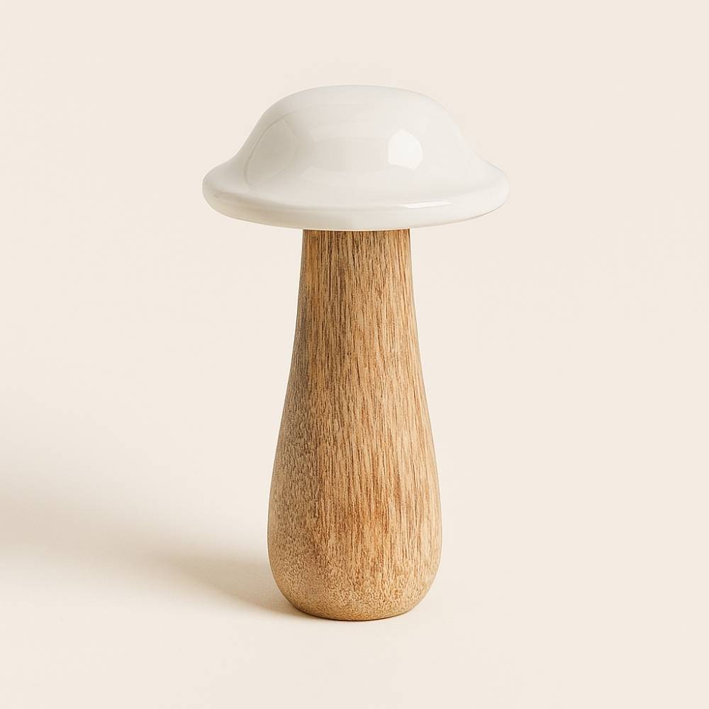 Seta Decorativa Blanca Grande de 10x20cm de madera y cerámica. Elegancia y calidez en una pieza única. ¡Haz que tu hogar cuente historias!