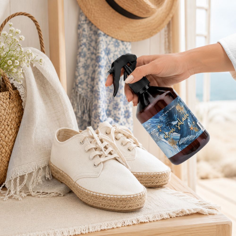 Aplicación del spray eliminador de olores Alma Salada de LoeS sobre unas zapatillas de lona en un recibidor de inspiración marinera – D'Arome