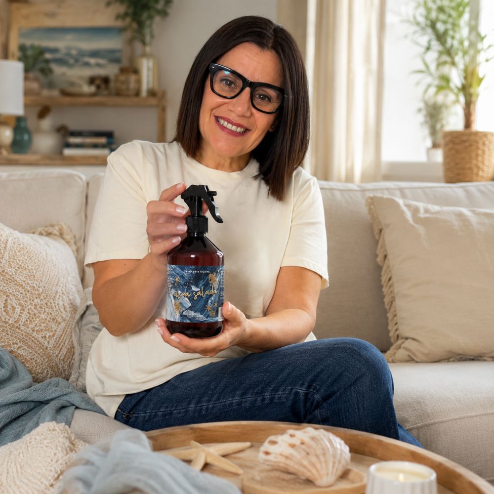 Mari Carmen, CEO y experta en aromas de D'Arome, sostiene el spray textil Alma Salada de LoeS en un salón con decoración mediterránea y cuadro marino – D'Arome