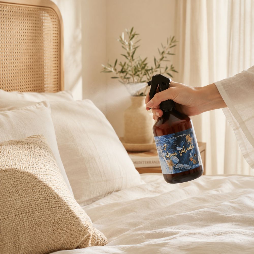 Aplicación del spray textil Alma Salada de LoeS sobre las almohadas de un dormitorio con cabecero de ratán y ramas de olivo – D'Arome