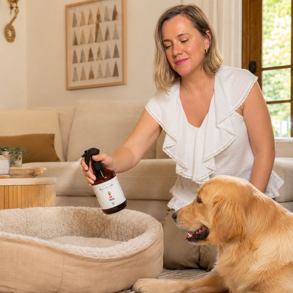 Ana Belén, embajadora de D'Arome, eliminando el olor a perro con spray textil para tejidos Llegar a la Orilla de LoeS en la cama de un golden retriever – D'Arome