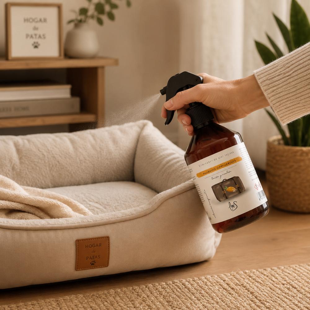 Spray textil eliminador de olores Nuevos Comienzos de LoeS con limón y azahar aplicado sobre cama de mascota para neutralizar malos olores de perro – D'Arome