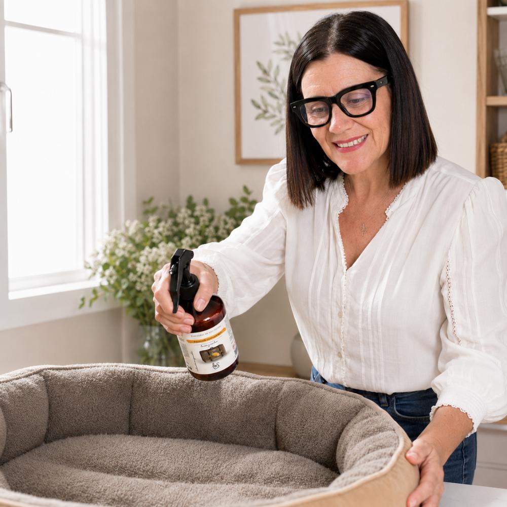 Mari Carmen, CEO y experta en aromas de D'Arome, elimina olores de la cama de mascota con el spray textil Nuevos Comienzos de LoeS aroma limón y azahar – D'Arome

