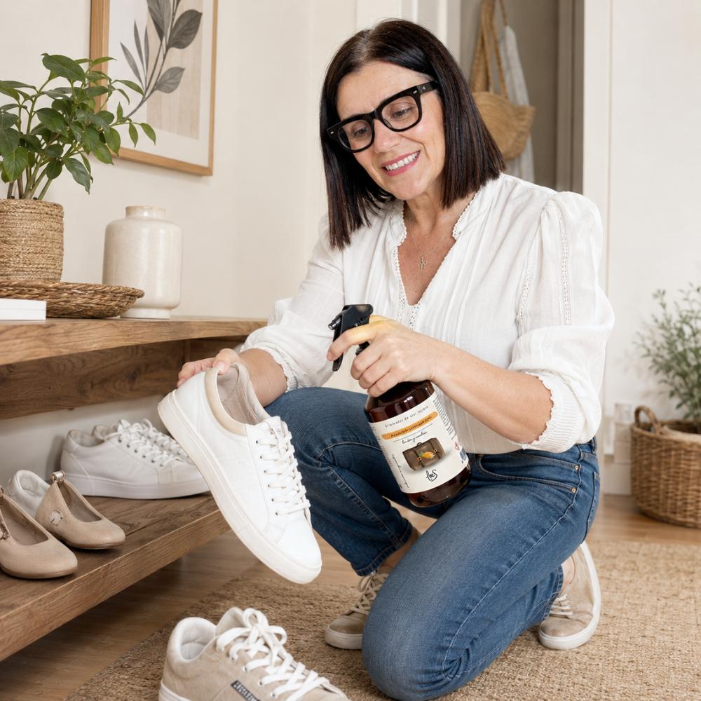 Mari Carmen, CEO y experta en aromas de D'Arome, usa el spray textil Nuevos Comienzos de LoeS para eliminar olores de zapatillas y calzado – D'Arome
