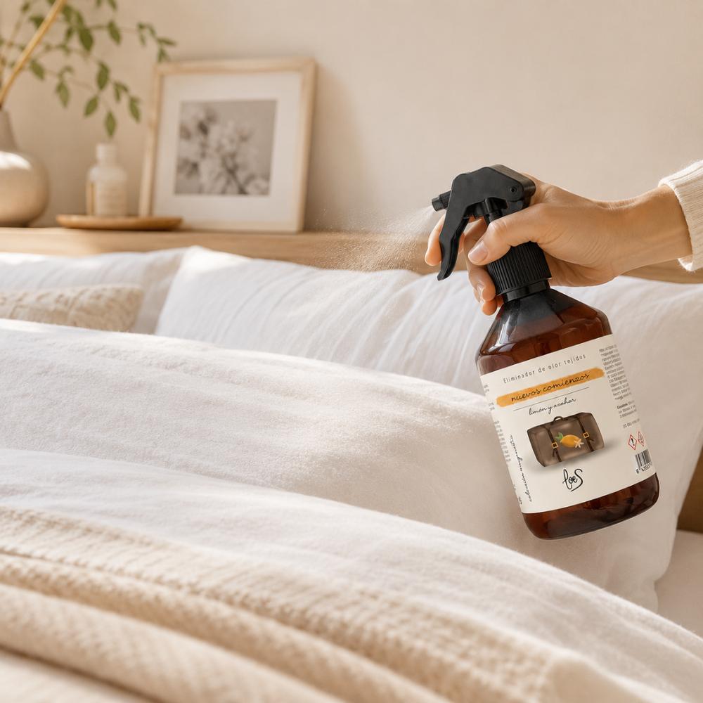 Aplicación del spray textil eliminador de olores Nuevos Comienzos de LoeS con aroma a limón y azahar sobre sábanas y ropa de cama para perfumar tejidos – D'Arome
