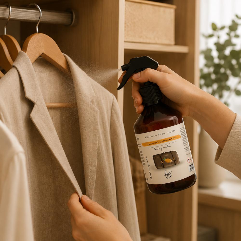 Aplicación del spray textil eliminador de olores Nuevos Comienzos de LoeS con limón y azahar sobre chaqueta en armario para refrescar prendas – D'Arome