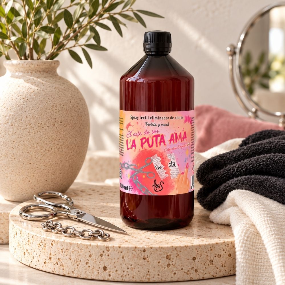 Spray textil La Puta Ama de LoeS en formato ahorro de 1 litro sobre una bandeja de piedra junto a un jarrón con ramas de olivo y toallas – D’Arome