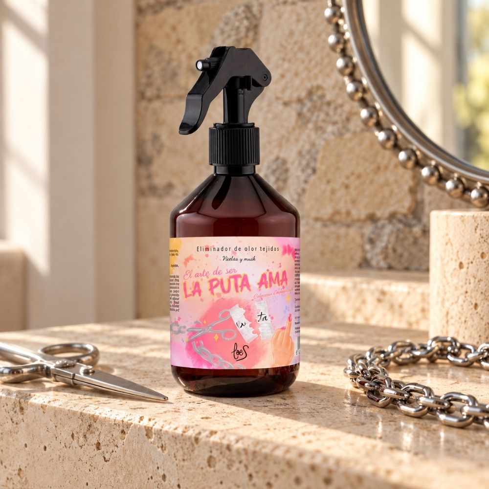 Spray textil La Puta Ama de LoeS sobre piedra clara junto a unas tijeras y una cadena rota, aroma a violeta y musk de la colección Empoder-arte – D’Arome