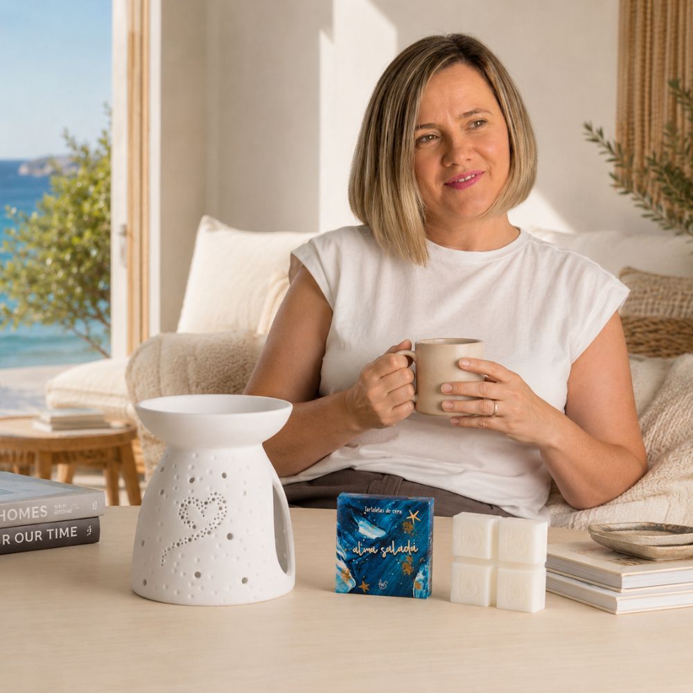 Ana Belén, cofundadora de D'Arome y una de las hermanas Darome, disfruta de las tartaletas de cera Alma Salada de LoeS y su quemador en un salón con vistas al Mediterráneo – D'Arome
