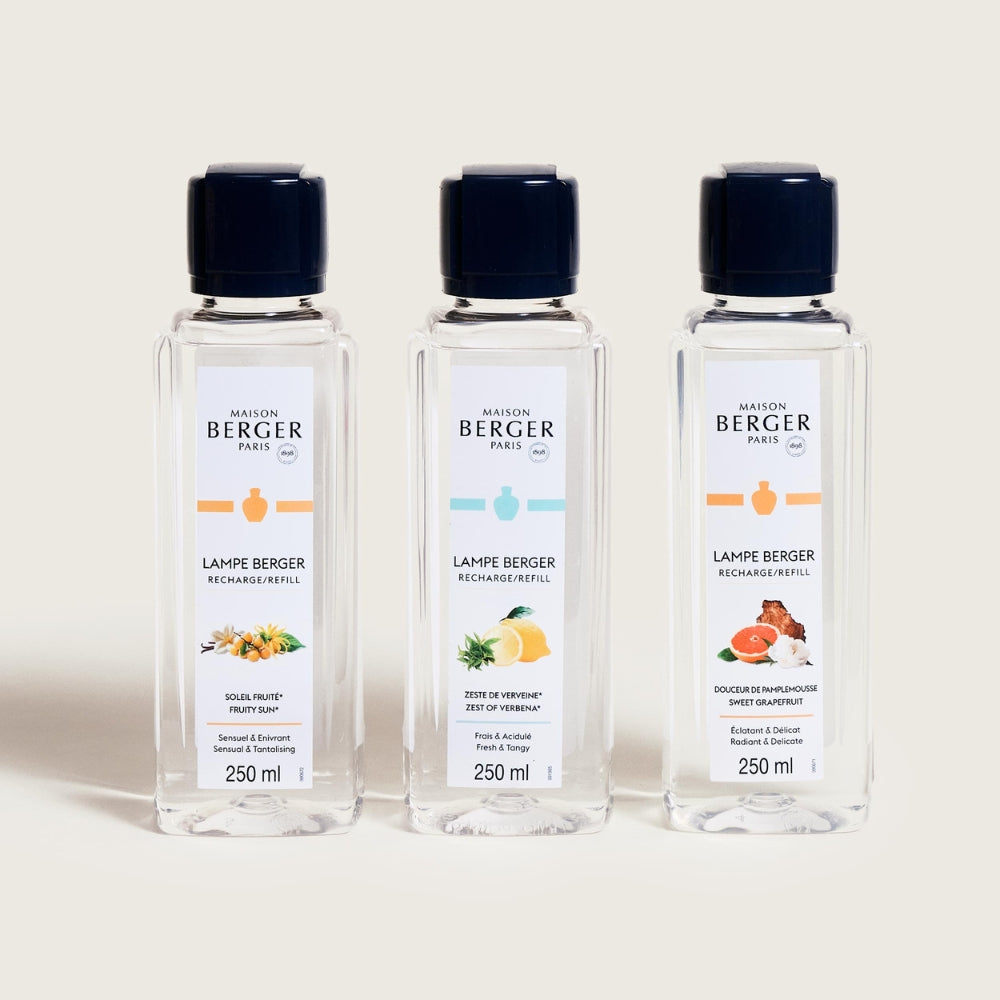 Tres recargas 250ml Trio Pack Estivale Maison Berger Soleil Fruité Zeste de Verveine y Douceur de Pamplemousse