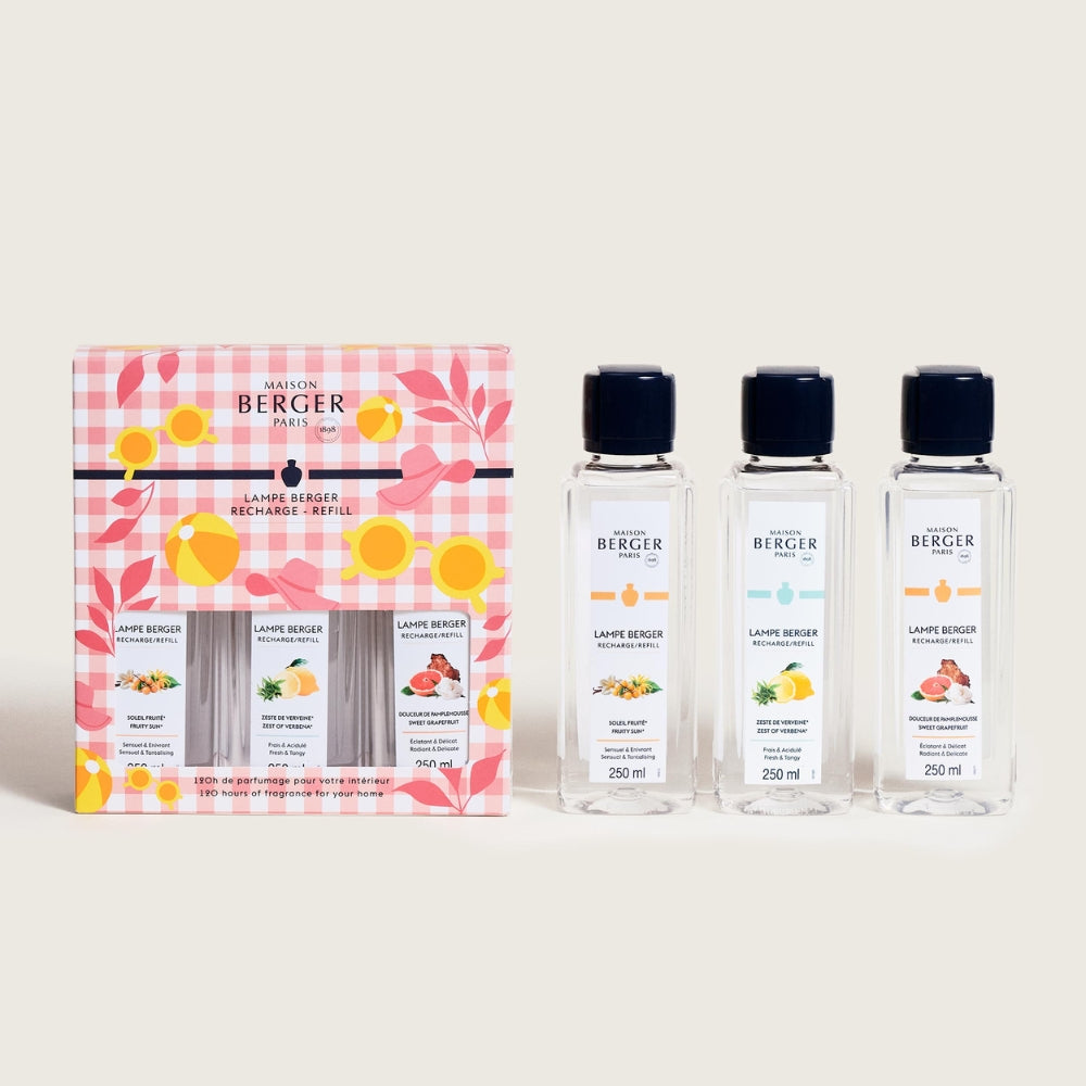 Cofre completo Trio Pack Estivale Maison Berger con caja de regalo y tres recargas de verano para lámpara catalítica