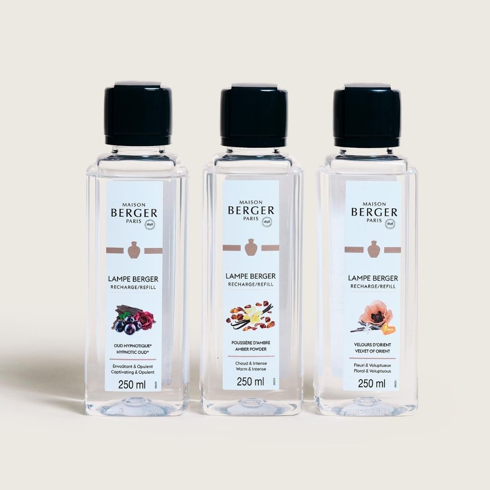Trío pack Magical con tres líquidos para lámpara catalítica Maison Berger: Oud Hypnotique, Amber Powder y Velvet of Orient 250ml edición navideña – D'Arome