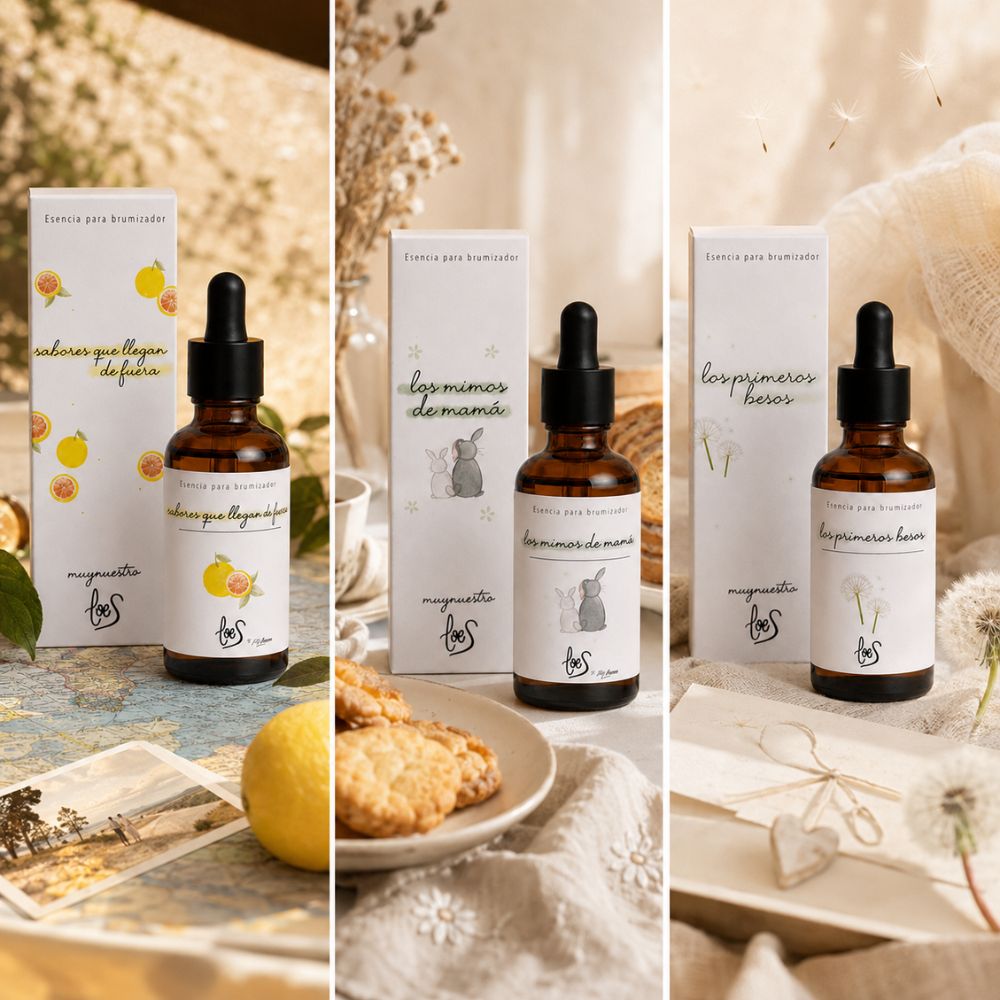 Tríptico inspirador del pack de aromas cítricos LoeS: Sabores que Llegan de Fuera con limón y mapa de viaje, Los Mimos de Mamá con galletas caseras y Los Primeros Besos con dientes de león – D'Arome