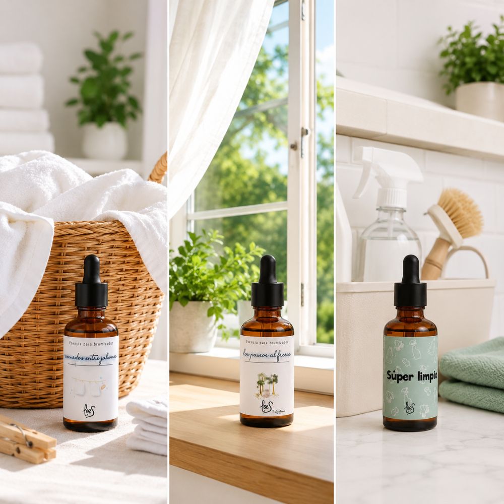 Tríptico inspirador del pack de aromas limpios LoeS: Recuerdos entre Jabones junto a toallas, Los Paseos al Fresco en ventana abierta y Súper Limpio en baño higienizado – D'Arome
