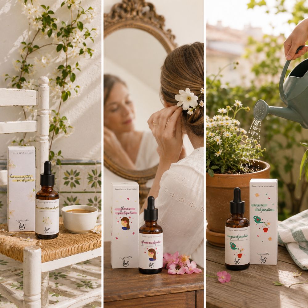 Tríptico inspirador del pack de esencias florales LoeS: Los Momentos en el Patio junto a jazmín, Flores en el Pelo con Ana Belén colocándose una flor y Regar el Jardín regando margaritas – D'Arome