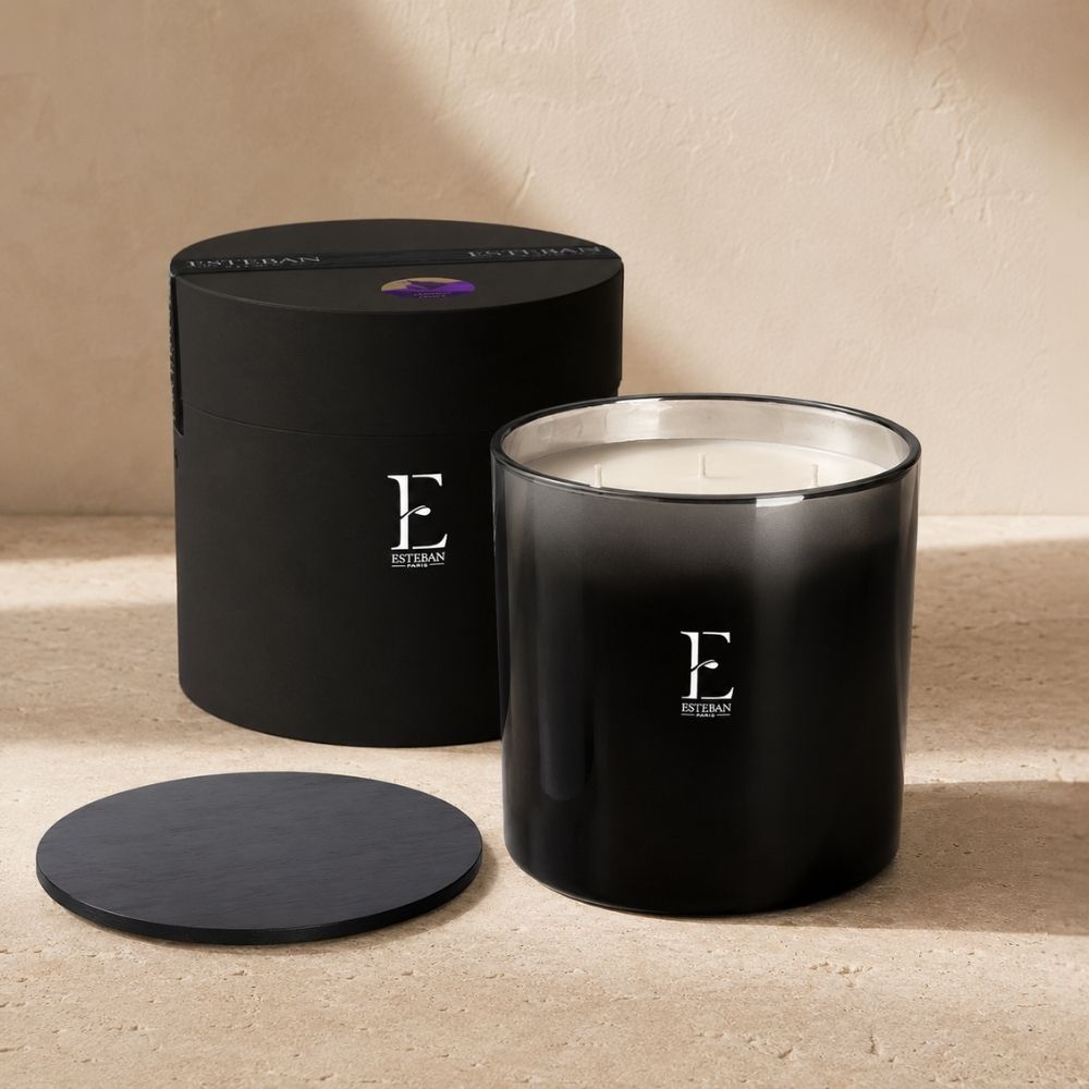 Vela aromática Figue Noire Edición Premium Esteban París de 1,5 kg junto a su caja cilíndrica y tapa sobre piedra – D'Arome