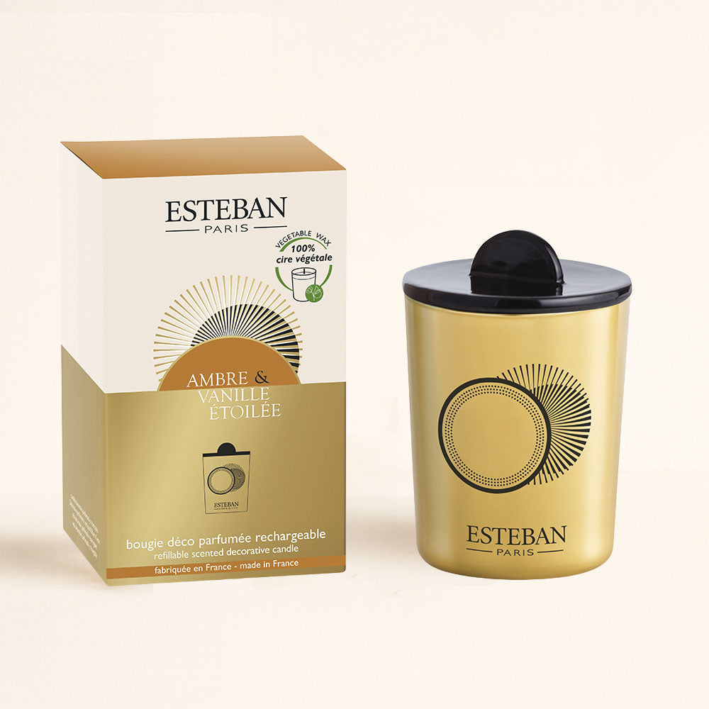 Vela aromática 180g Ambre y Vanille Étoilée Esteban Paris con caja y frasco dorado de cera vegetal – D'Arome