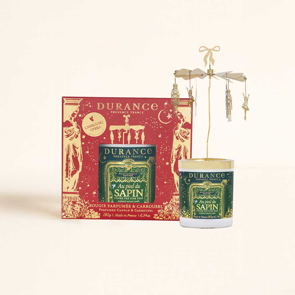 Vela carrusel Au Pied du Sapin Durance 180g con carrusel giratorio dorado de bailarinas y soldaditos, junto a su caja – D'Arome