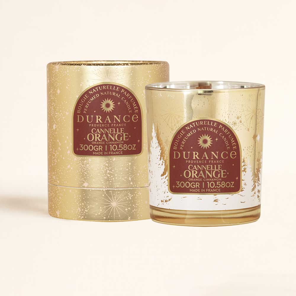 Vela natural perfumada CANELA NARANJA de Durance: 300g, mecha de madera, cera natural y aroma cálido. ¡Tu hogar olerá a mágica Navidad!