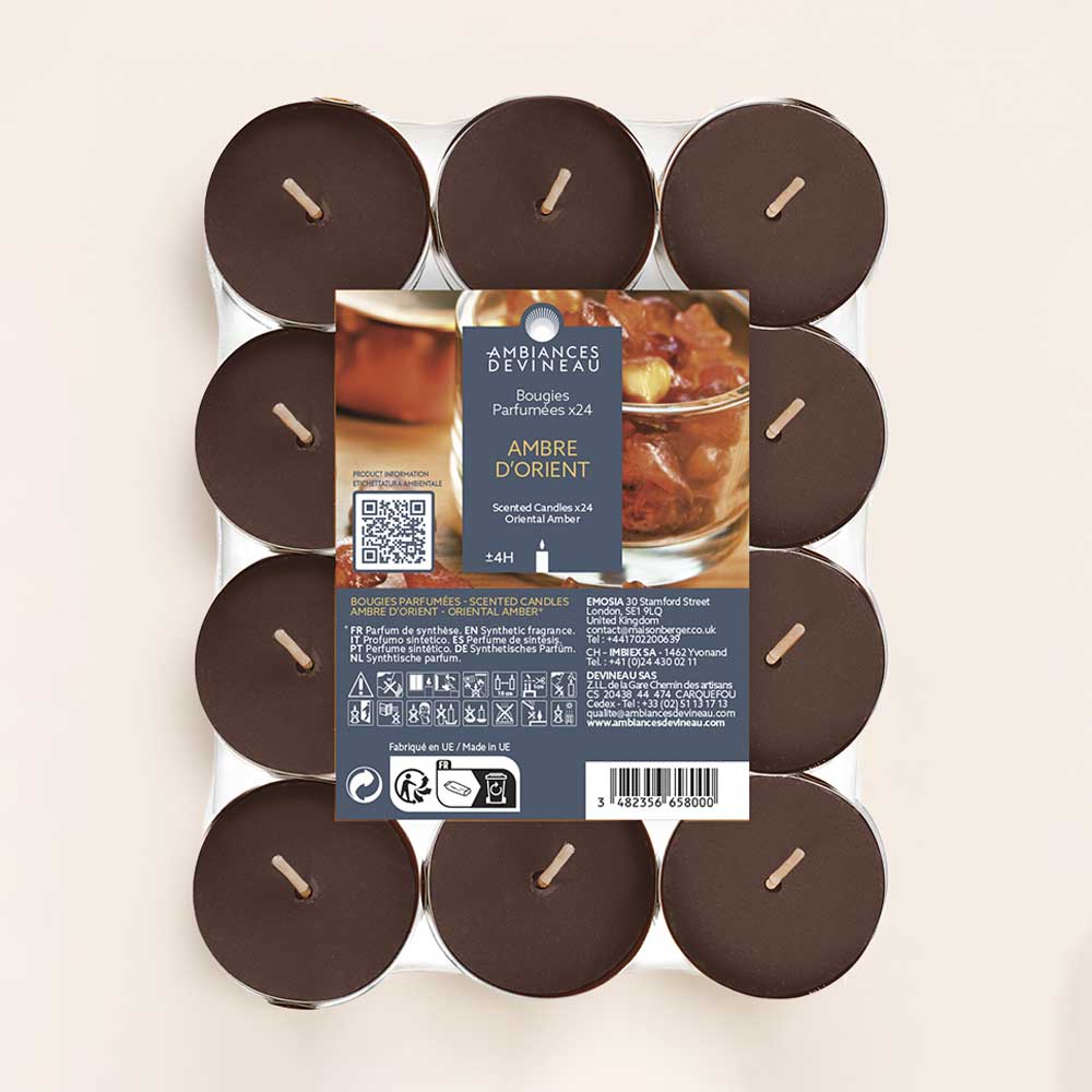 Crea un ambiente cálido con las velas de té perfumadas Ámbar de Oriente. Un aroma especiado y hasta 4h de combustión. ¡Perfuma y relájate!