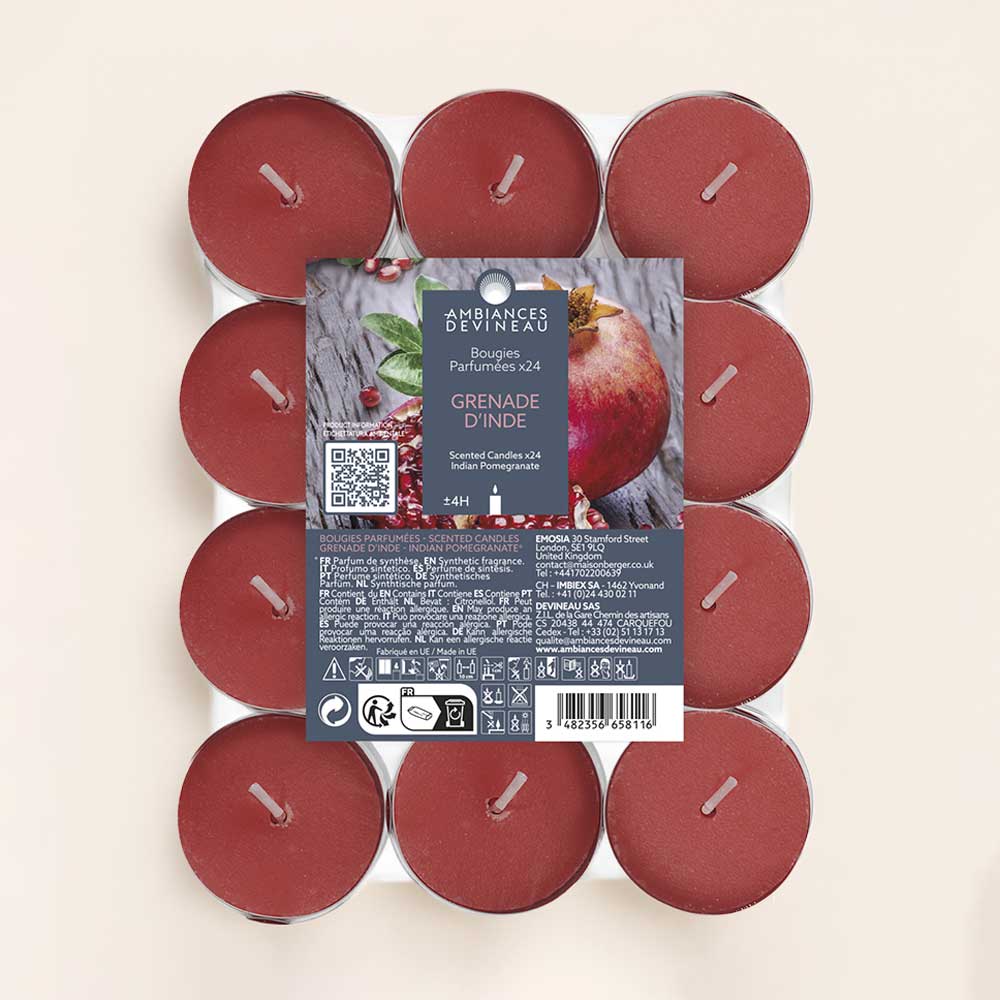 Las Velas de té perfumadas Granada de India llenan tu hogar de energía positiva con un perfume afrutado y exótico. ¡Dale vida a tu portavelas!