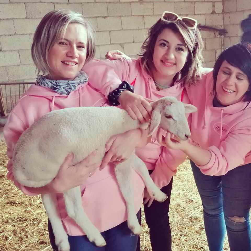 Ana, Carmen y Paqui con una oveja