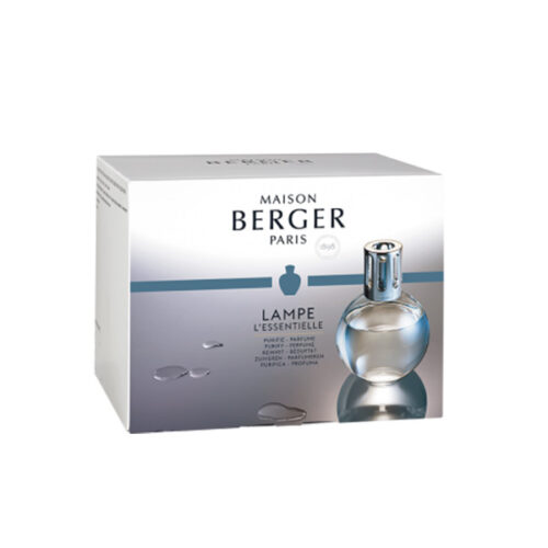 Cofre L'Essentielle con lámpara catalítica transparente redonda y perfumes Caresse de Cotton y Air Pure de Maison Berger
