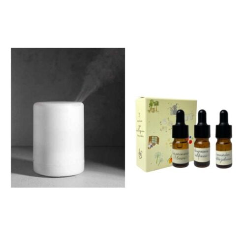Pack que contiene el difusor Gloria con el pack de mini brumas de tres aromas diferentes de la marca LOES D'Arome