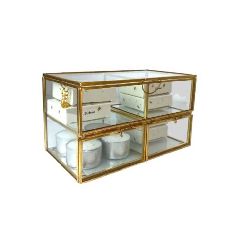 caja de cristal con bordes dorados para guardar ceras y velas para quemador darome