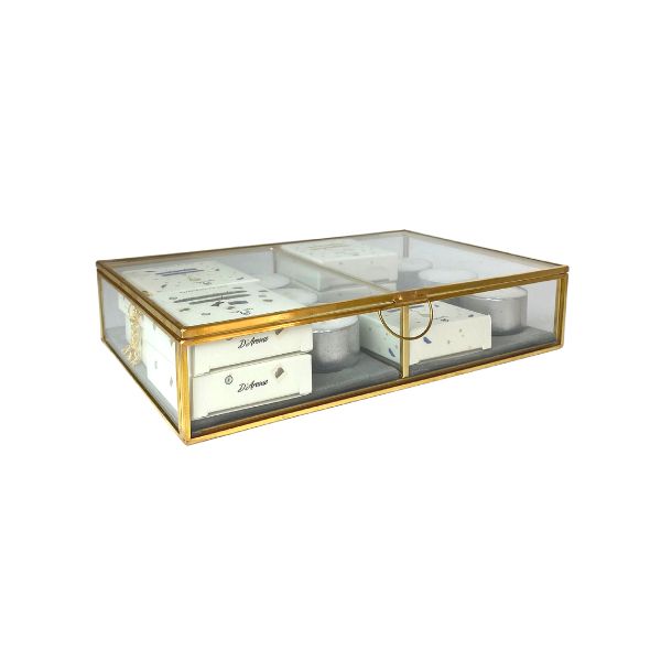 caja de cristal con bordes dorados para guardar ceras y velas para quemador darome